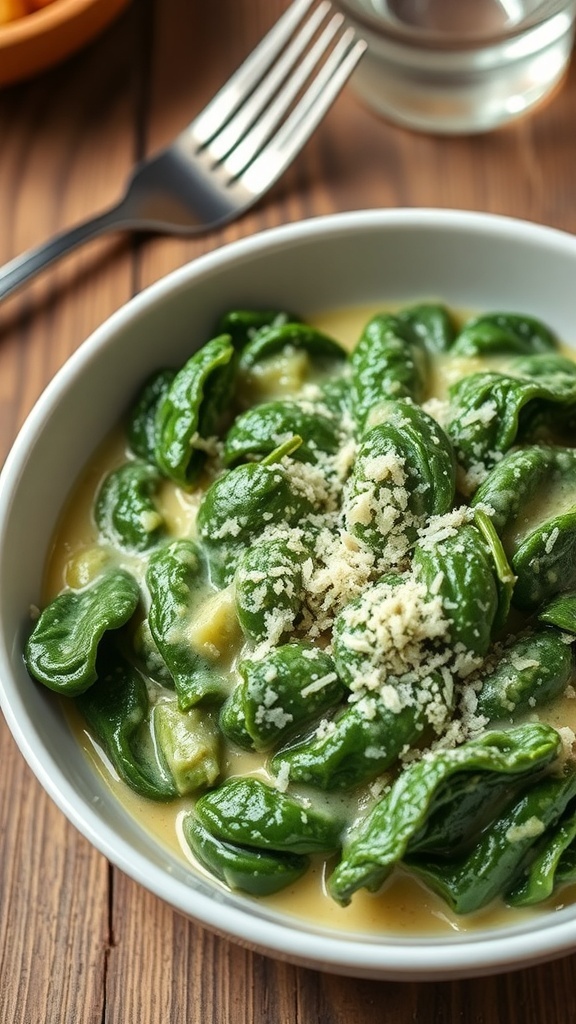 A bowl of creamed spinach with Parmesan cheese, garnished, on a rustic table.